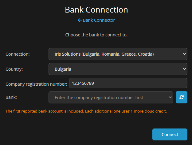 Bank Connection page for a new Iris Solutions connection with the Connection, Country, Company registration number and Bank fields and the Connect button