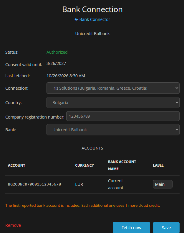 Bank Connection page of an authorized Unicredit Bulbank connection with status, consent date, last fetch, one EUR account with a label, and the Remove, Fetch now and Save buttons