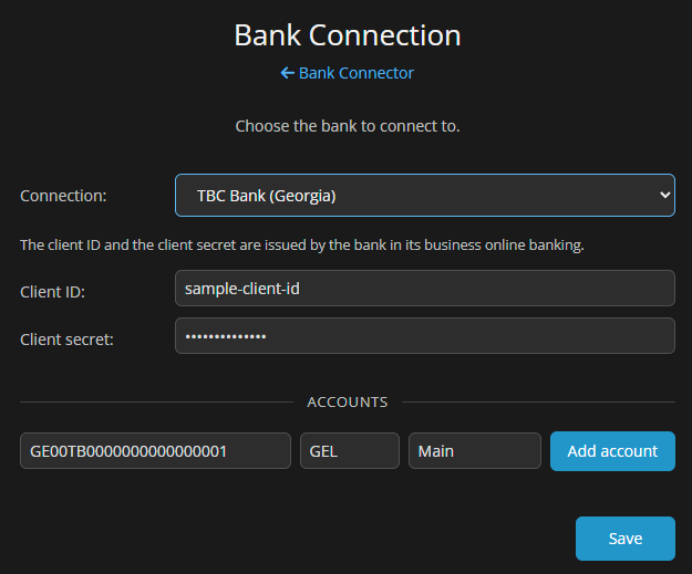 Bank Connection page for TBC Bank with the Client ID and Client secret fields and an account row with account number, currency GEL and label
