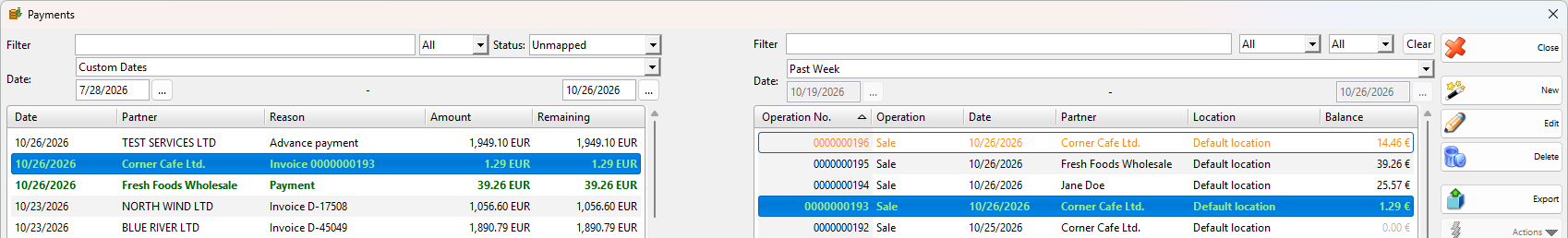 Payments window with the Bank Transfers panel: the selected transfer of Corner Cafe Ltd. for invoice 0000000193 is matched in green to sale 0000000193, another sale of the same partner with a different amount is shown in orange, and the panel shows Matched by Partner name, Document number, Amount