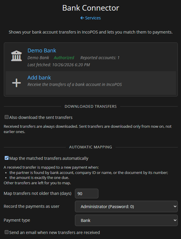 Bank Connector settings page with an authorized Demo Bank connection, the Downloaded transfers section and the Automatic mapping section with its rules, days, user, payment type and email option