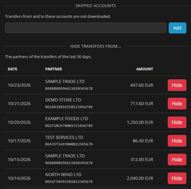 Skipped accounts field with Add button and the Hide transfers from list with date, partner, IBAN, amount and a Hide button on each row