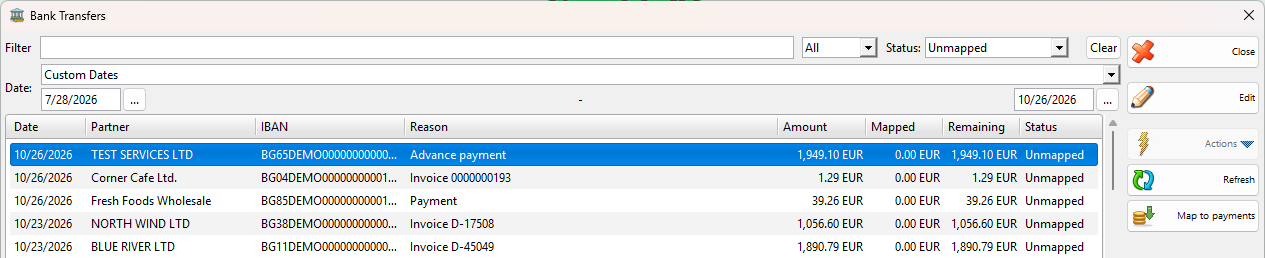 Bank Transfers window listing transfers with Date, Partner, IBAN, Reason, Amount, Mapped, Remaining and Status, filtered by the status Unmapped