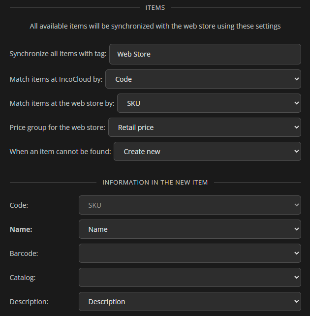 The Items settings of a web store
