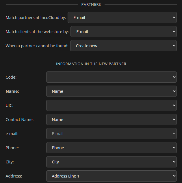 The Partners settings of a web store
